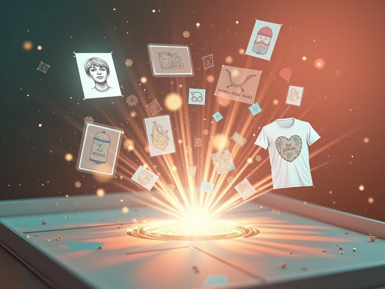 Illustration of AI Art Generators creating personalized gift designs like custom portraits, greeting cards, and merchandise under the title AI Art Generators.