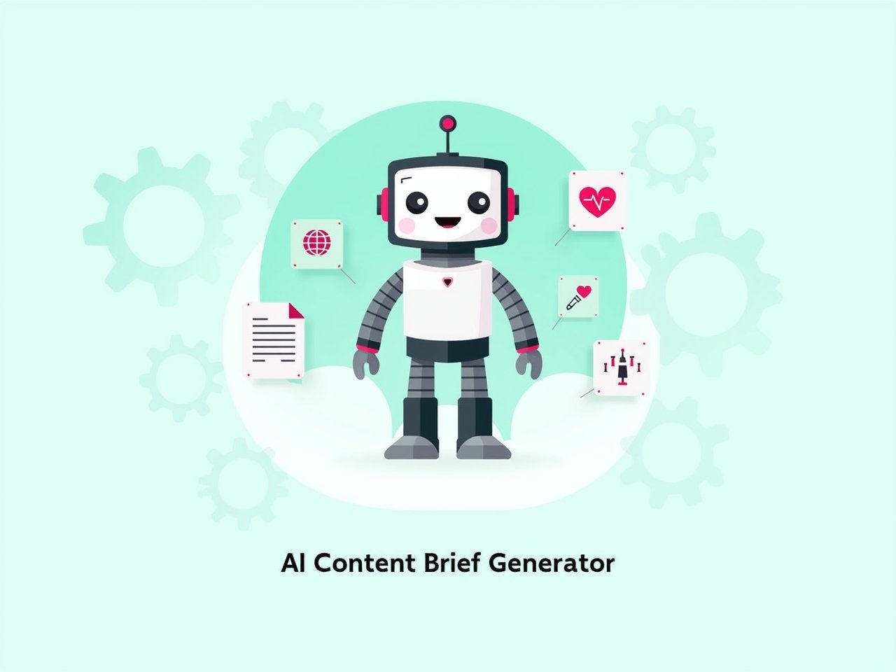 Flat-style illustration of an AI robot generating niche content briefs with icons for travel, health, and tech, set against a teal gradient background