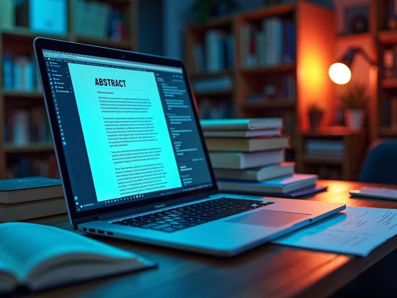 AI writing tool generating a research paper abstract with academic notes and laptop workspace