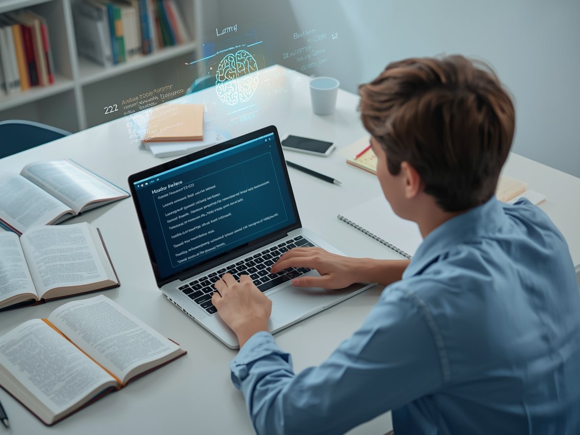 Student using AI-powered content summarizer tool on a laptop to condense study notes into clear summaries