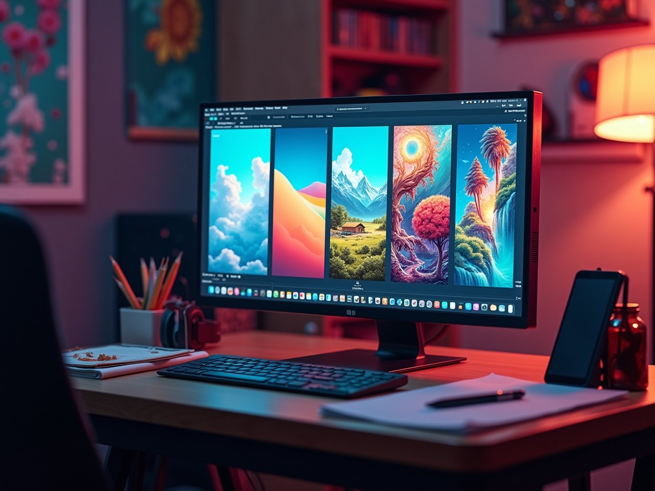 Digital artist workspace showing AI-generated artworks with a consistent art style for a portfolio